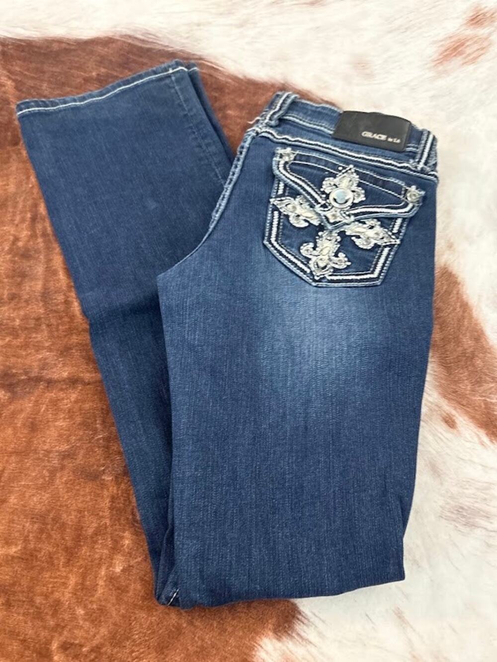 Grace in LA Women Bootcut Jeans Mid Rise Bold Cross Stretch Med Blue size 27